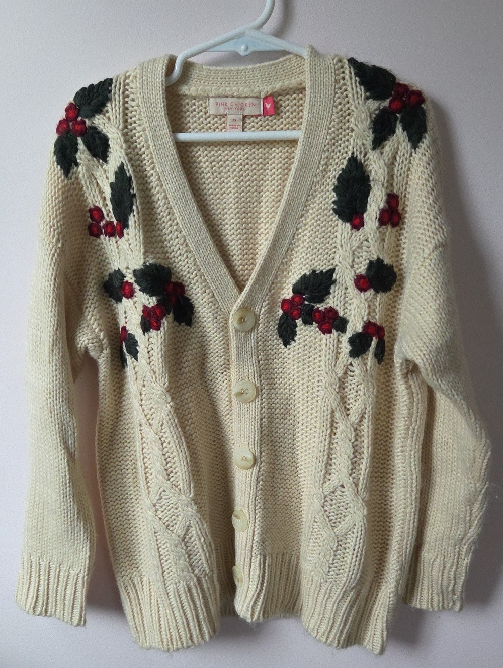 Pink Chicken Cream Cable-Knit Cardigan with Red Berry Embroidery